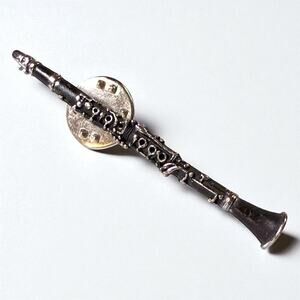 Vintage Future Primitive Lapel Pin Miniature Clarinet Silver Tone Black Patina